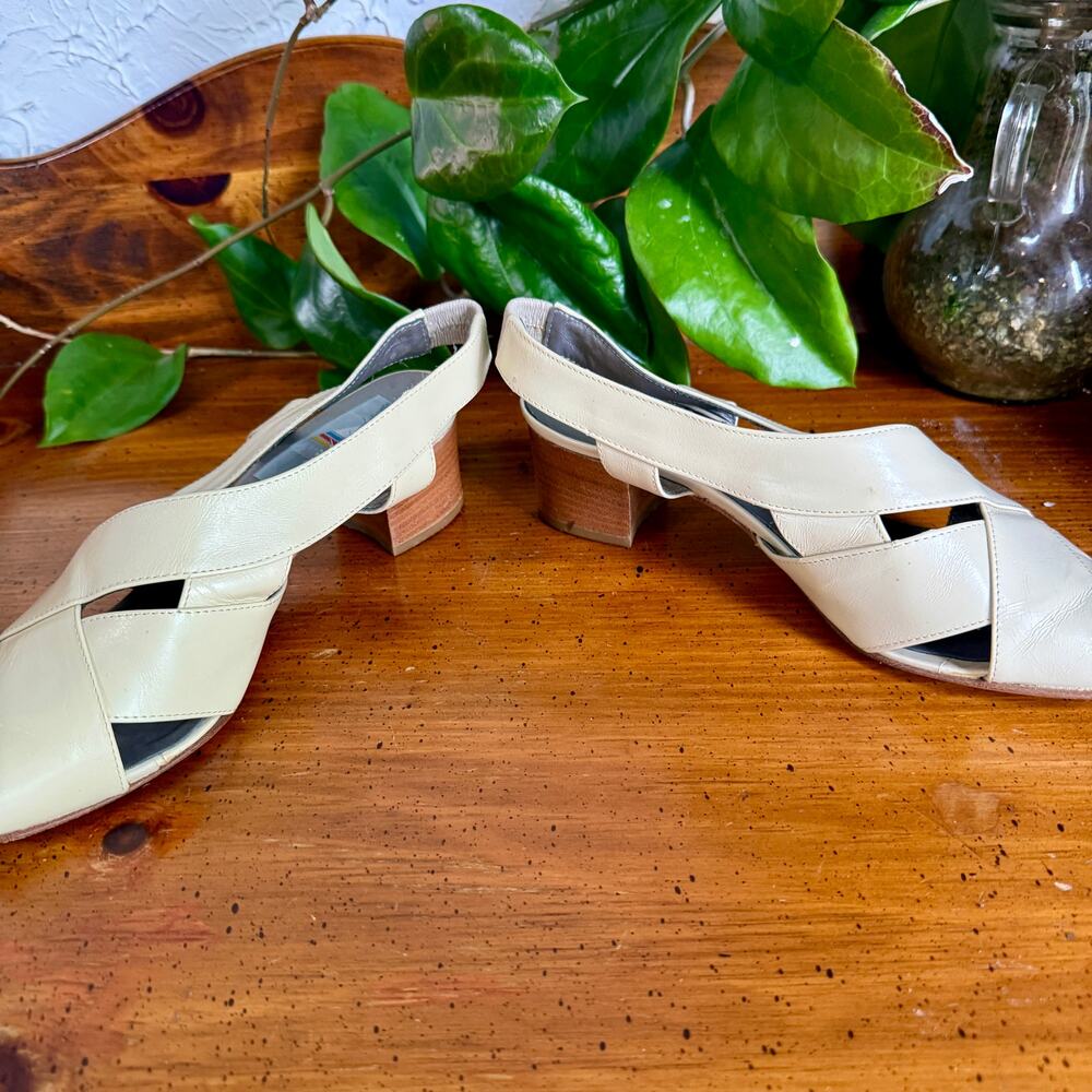 Vintage ALDO Made in Italy Slingback Heels Size 37 Cream Leather Sole Woven - Picture 4 of 8